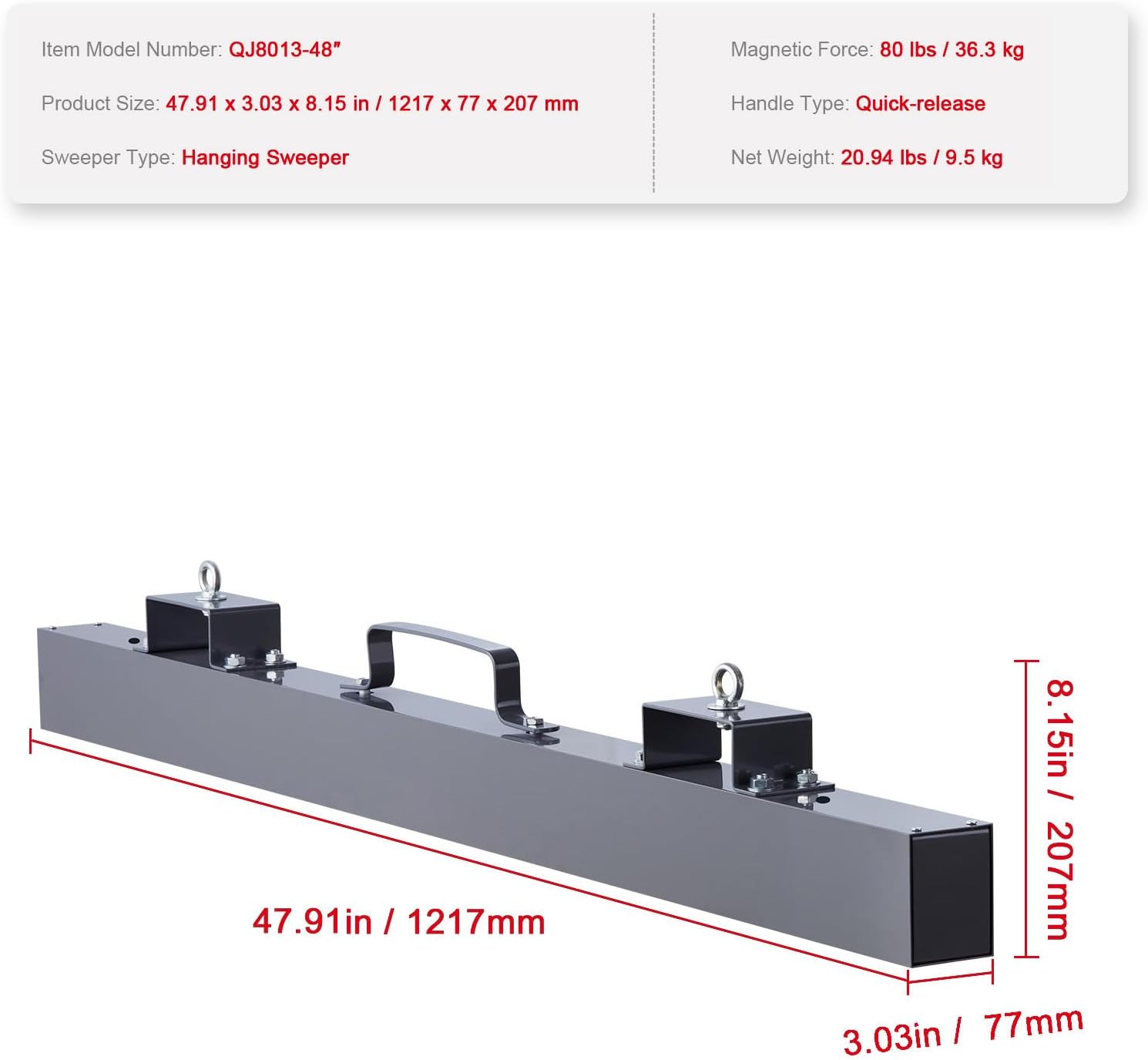 Happybuy 48-Inch Hanging Magnetic Sweeper, 80 LBS Industrial Magnet for Forklift, Steel Material for Picking Up Nails, Bolts, and Iron Chips