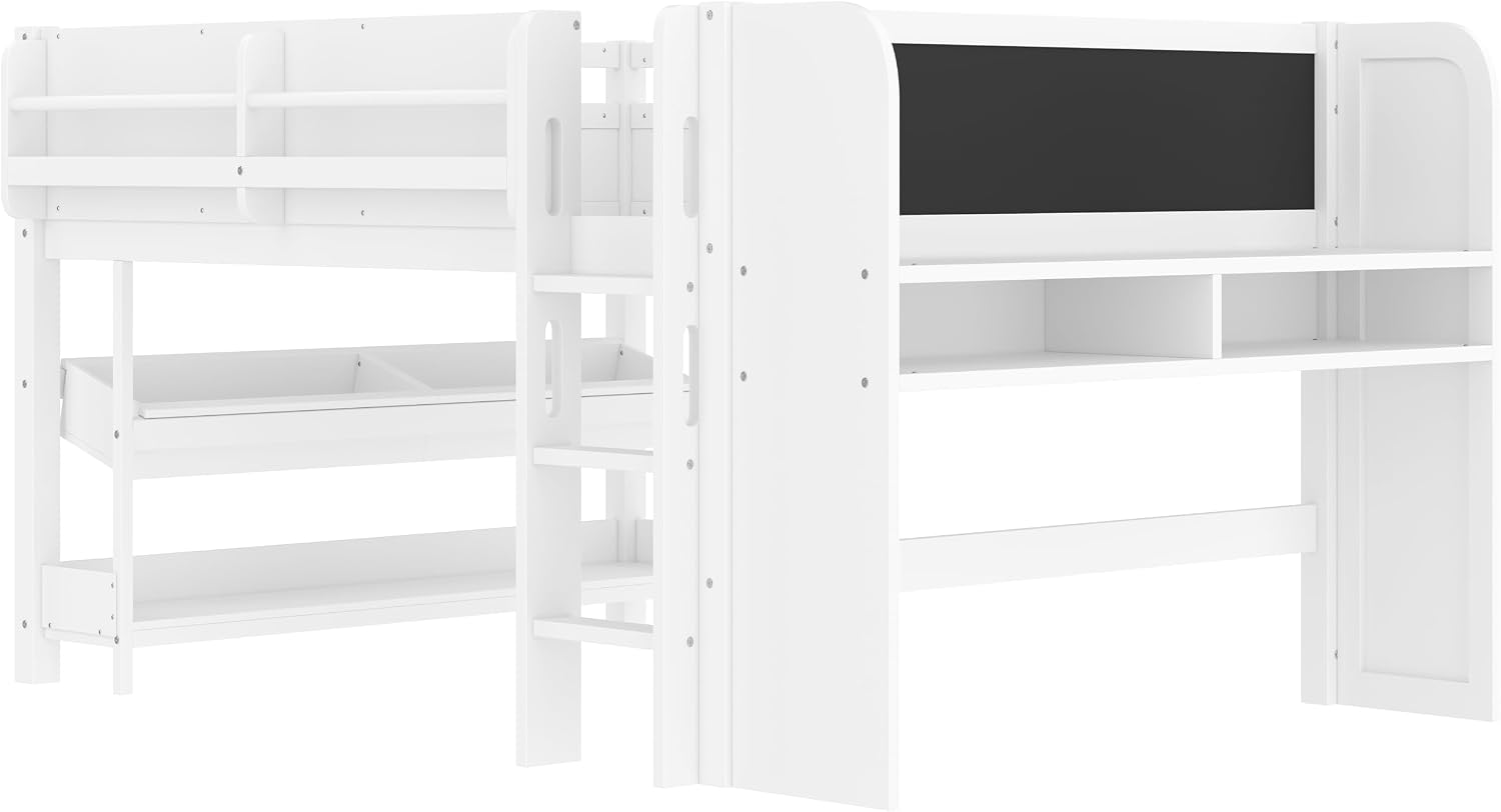 MERITLINE Full Loft Bed with Desk & Blackboard, Twin Multi-Functional Bed with Storage, All-in-One Study & Play Design, White