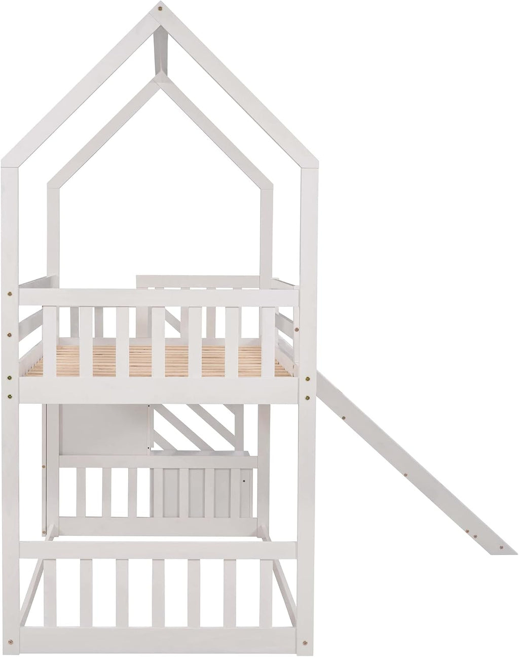 Wood House Bunk Bed for Kids Toddlers, Twin Over Twin Bunk Bed with Convertible Slide, Storage Staircase Can be Placed Left or Right, No Spring Box Required (White+House03)