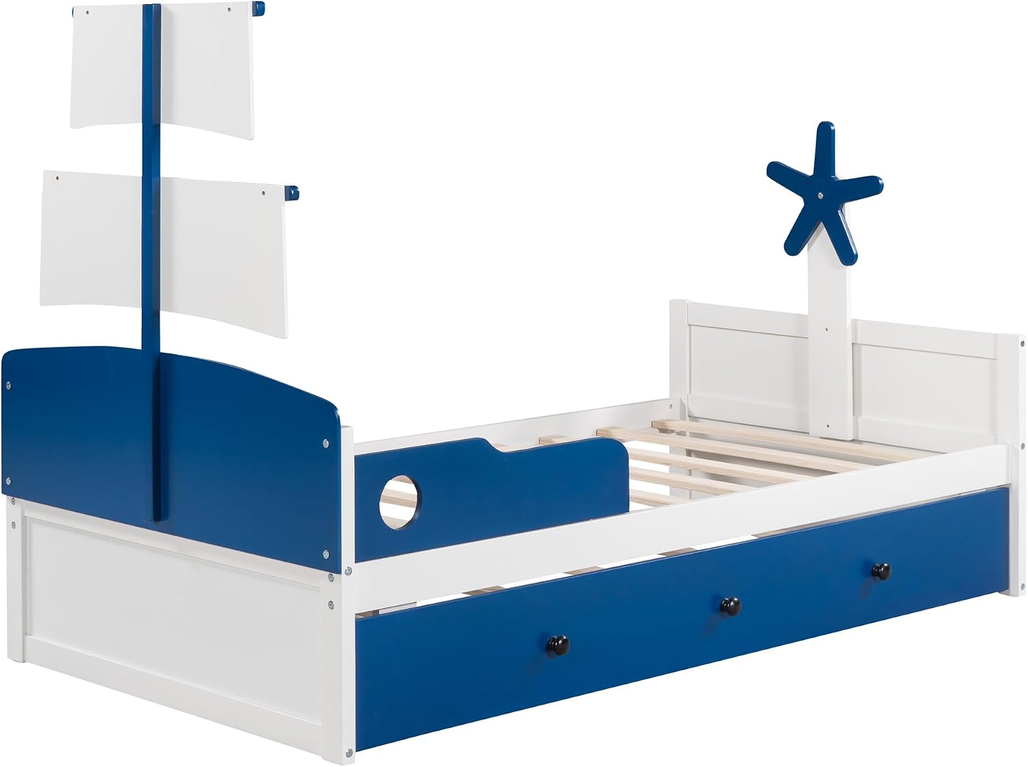 Generic 3 s Bedroom Sets,Twin Size Boat Shaped Platform Bed with Trundle and Two Nightstands,White+Blue, As title