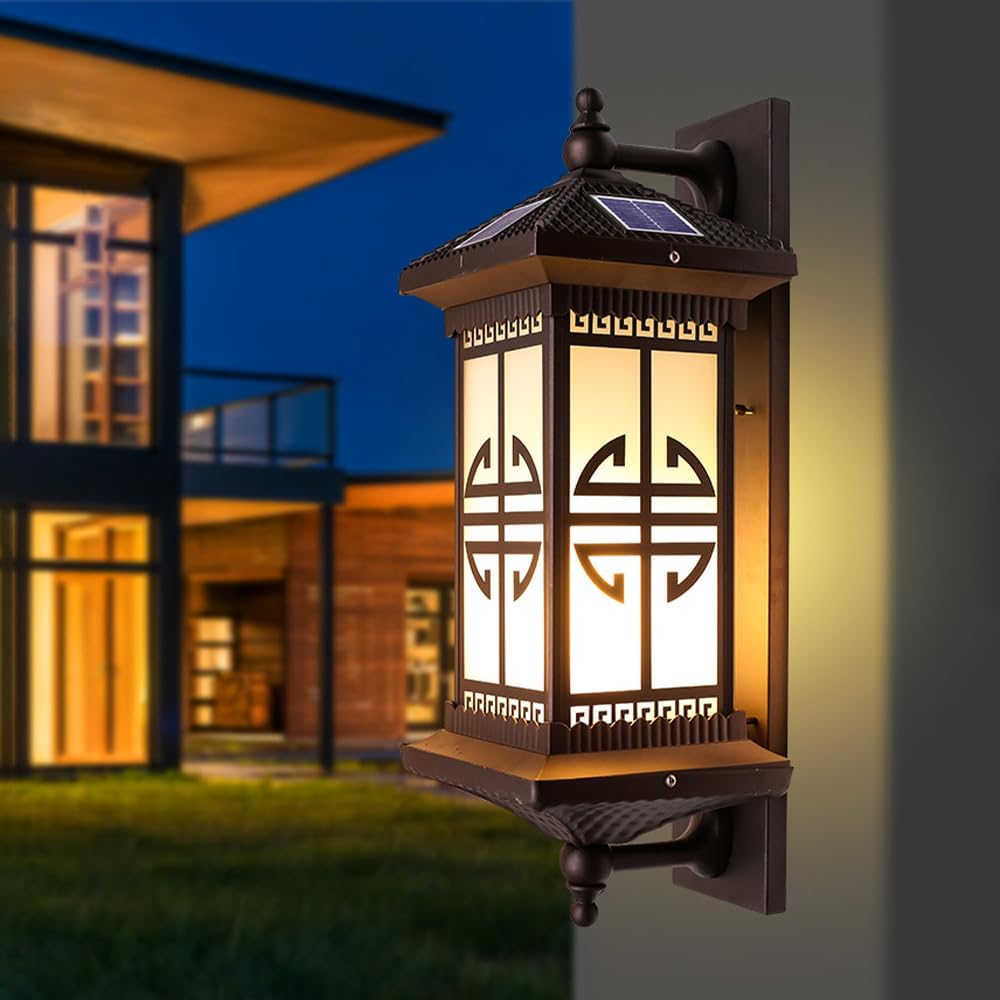 Outdoor Solar Wall Light Vintage Lantern Wall Sconce Cordless Solar Powered Wall Mounted Lamp Exterior Porch Lights Patio Fence Outside Sconces Wall Lighting Fixture