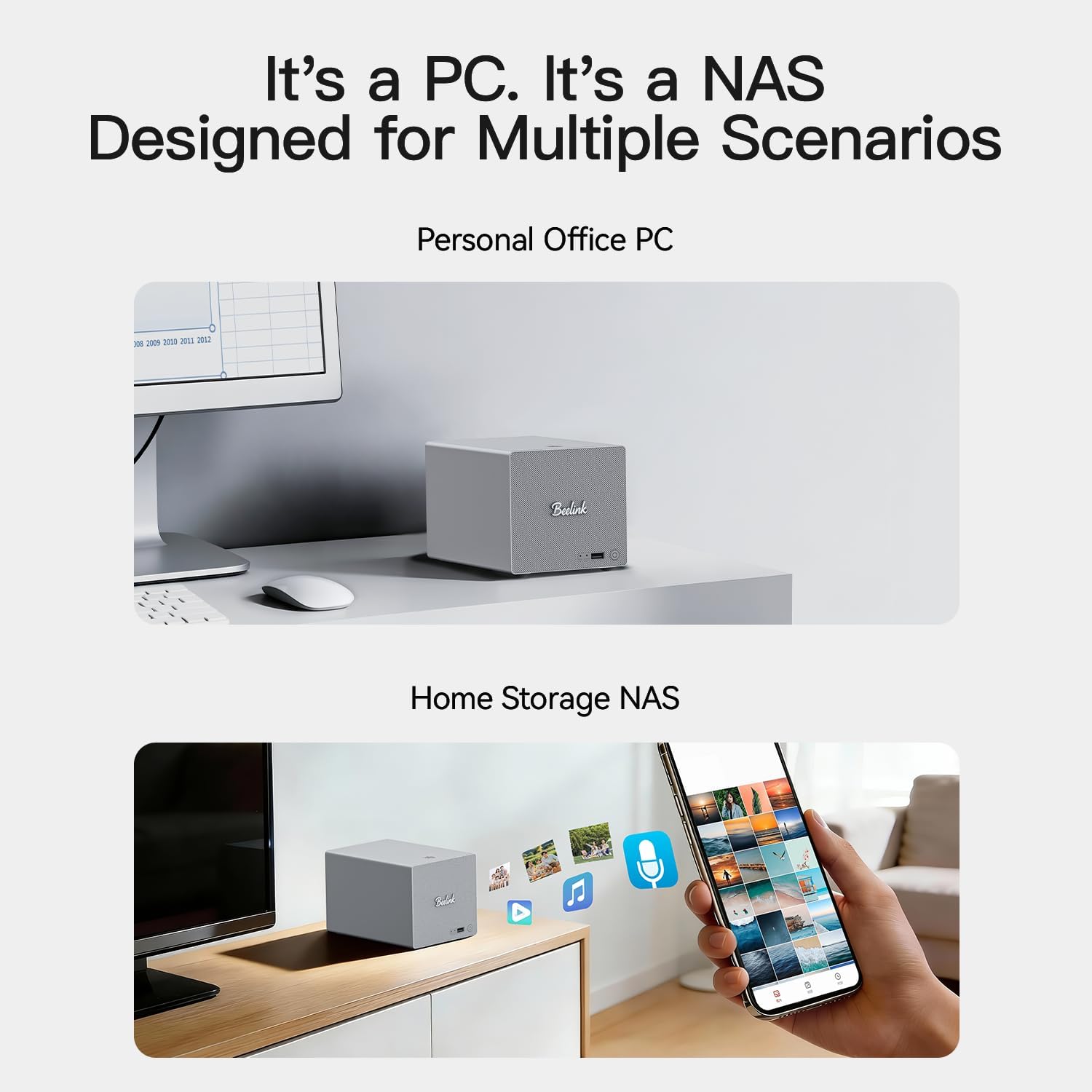 Beelink Mini PC, ME Pro NAS N150 16GB LPDDR5 1TB SSD, 2.5G+5GE LAN/WiFi 6/BT5.4, Mini Desktop Computer 3*M.2 PCIe3.0 SSD Slots + 2*HDD Bays for Office/HTPC/NAS Storage/Data Center