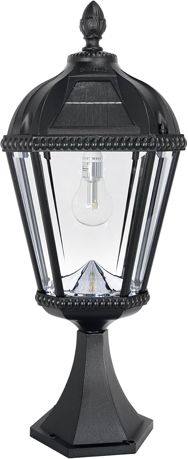Gama Sonic Outdoor Solar Post Light with Pier Base, Black Aluminum and Beveled Glass, Royal Bulb 150 Lumens Warm White LED, Mount on Column, Pillar, or Flat Exterior Surface (98B011) (Upgraded)