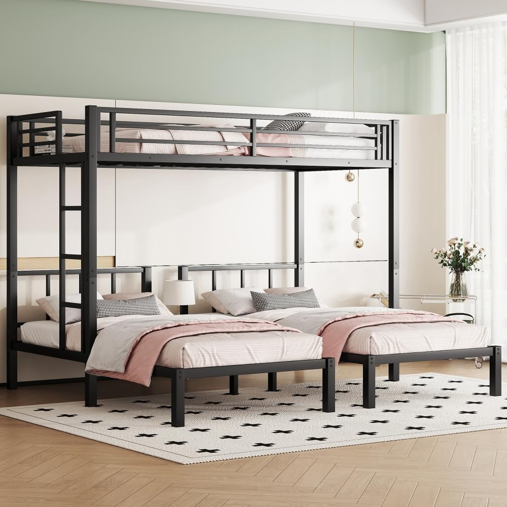 Twin Over Twin & Queen Bunk Bed, with Safety Guardrails,Space-Saving/Noise Reduced,Black (Black + Metal)