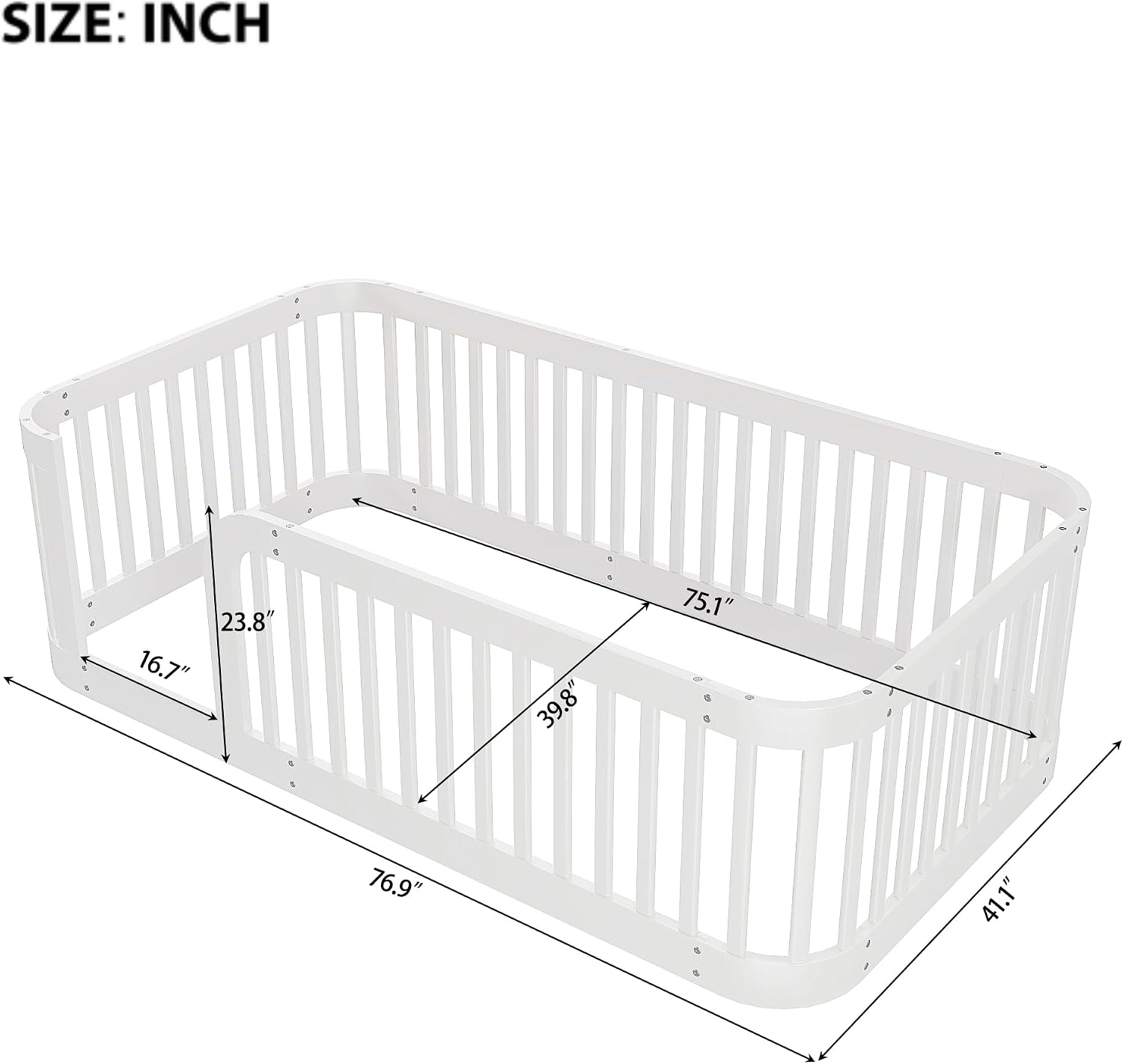 JIVOIT Twin Size Floor Bed Frame with Fence, Wood Montessori Floor Bed with Safety Guardrail, Easy Assembly (White/124)