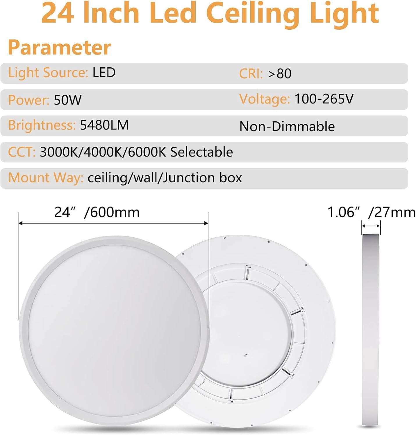 24 Inch Led Ceiling Light Flush Mount, 50W, 5480LM, 3000K/4000K/6000K CCT Selectable Super Slim White LED Ceiling Light, Close to Ceiling Round Flat Panel Light for Hallway, Bedroom, Kitchen, ect,2PK