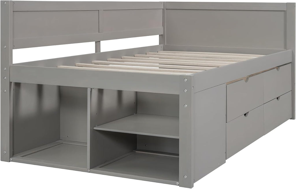 Twin Size Daybed with 4 Pull-Out Drawers and 3 Functioning Shelves,Solid Wood Day Bed Frame with Wooden Slats Support for Bedroom,No Box Spring Required (Gray-AB40)