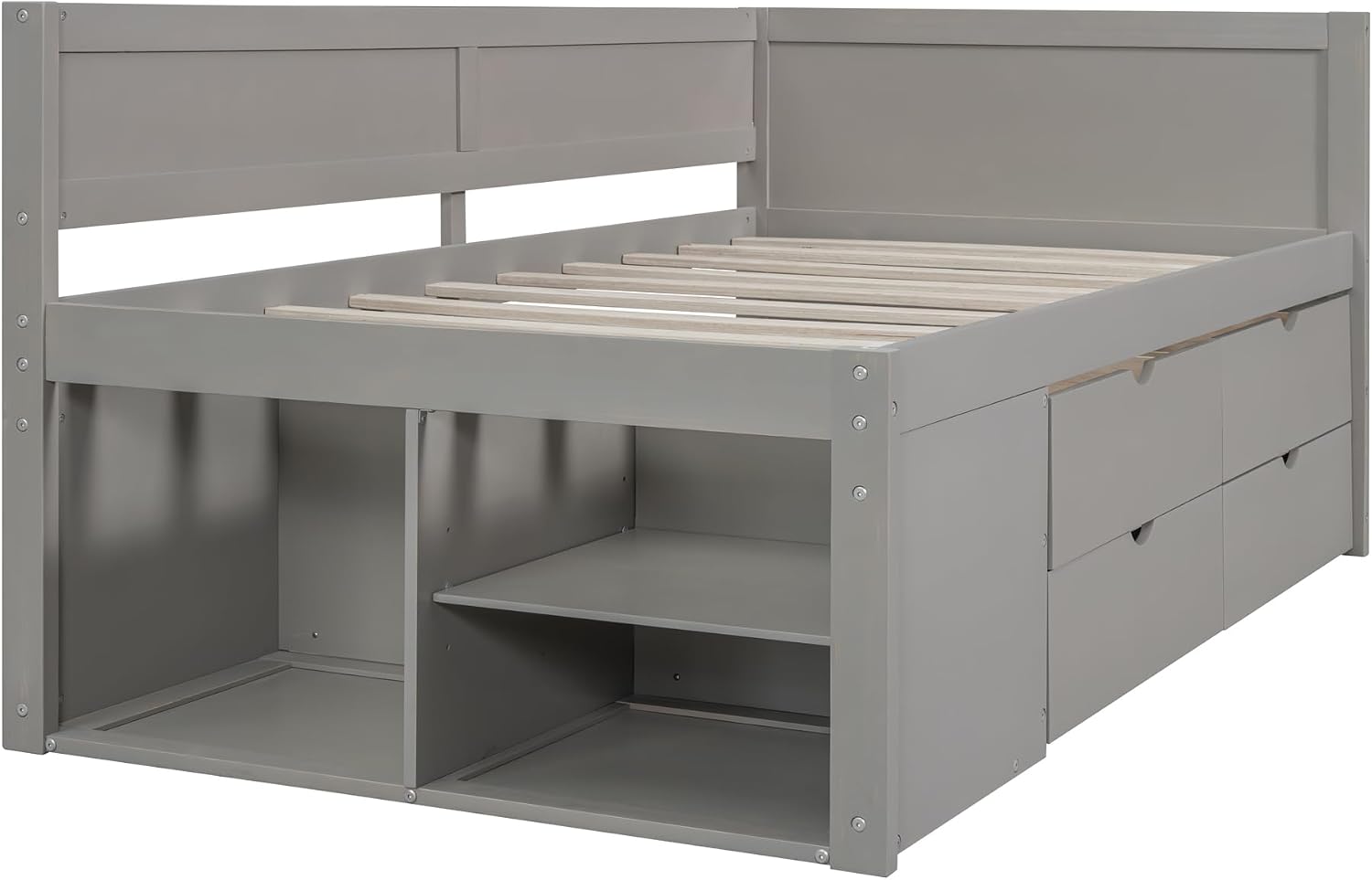 Twin Size Daybed with 4 Pull-Out Drawers and 3 Functioning Shelves,Solid Wood Day Bed Frame with Wooden Slats Support for Bedroom,No Box Spring Required (Gray-AB40)