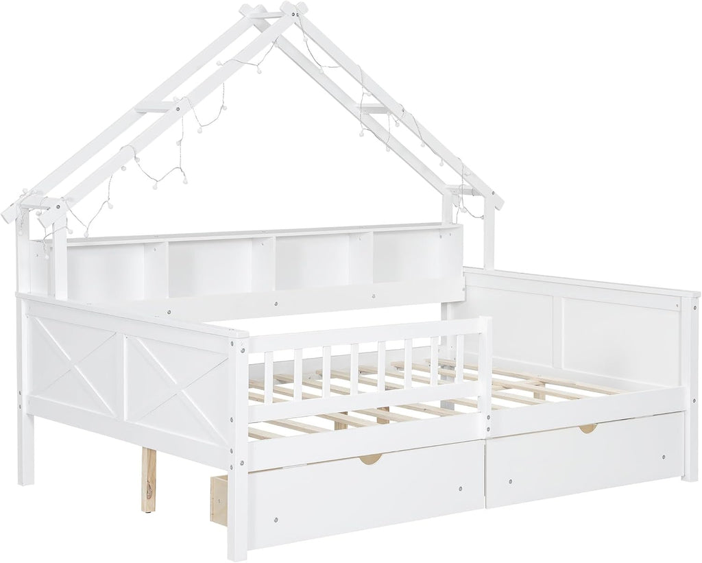 SOFTSEA Full Size House Bed with Storage Drawers, Wood Daybed with LED Lights, Storage Bookshelves, House Platform Bed Frame with Rails and Roof for Kids Boys Girls, White