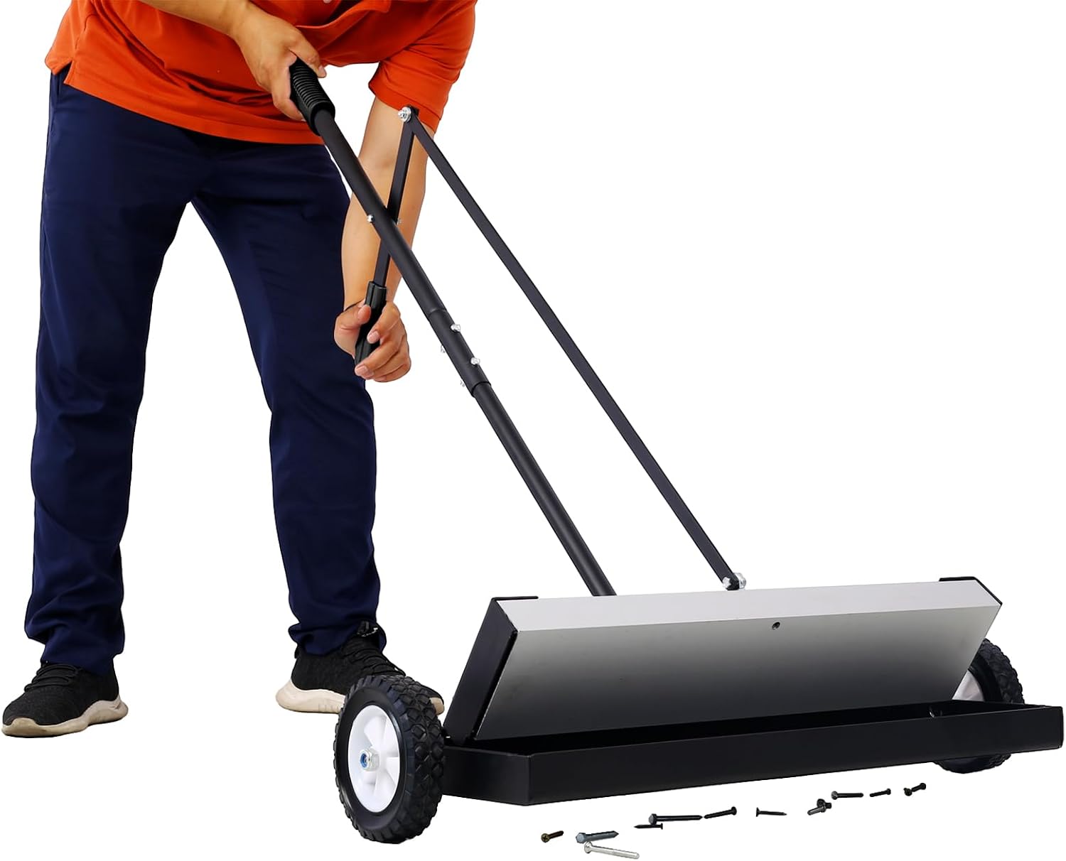 24' Rolling Magnetic Sweeper - 100LB Capacity Heavy Duty Push-Type Magnet Nail Pickup Tool with Quick Release, 6' All-Terrain Wheels for Nails, Screws, Metal Debris in Garage and Lawn