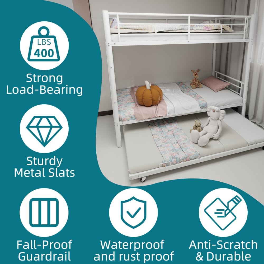 Twin Over Full Metal Bunk Bed, with Ladder & Full-Length Guardrail for Teens Adults, Noise Free (White + Metal + Twin)