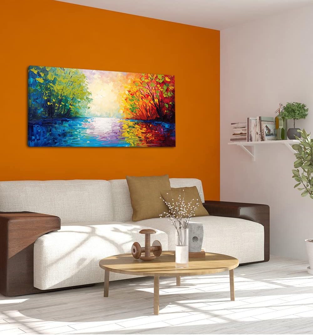 Beautiful River Scenery and Colorful Forests On Both Sides Palette Knife Painting Wall Art Decor Artwork for Bedroom (30x60 Inches)