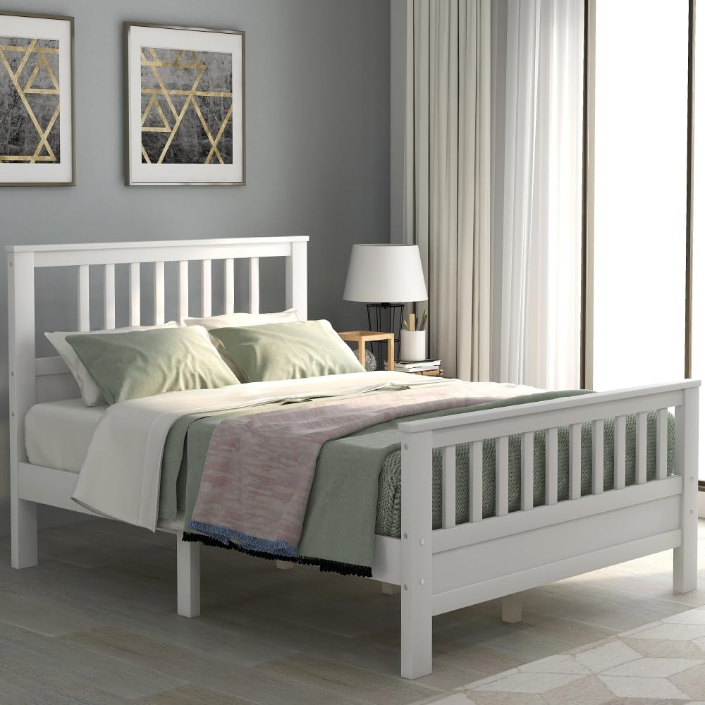 Sturdy Wooden Platform Bed Frame with Integrated Headboard and Footboard for Supportive, Minimalist Bedroom Setup (White + Pine + Full)