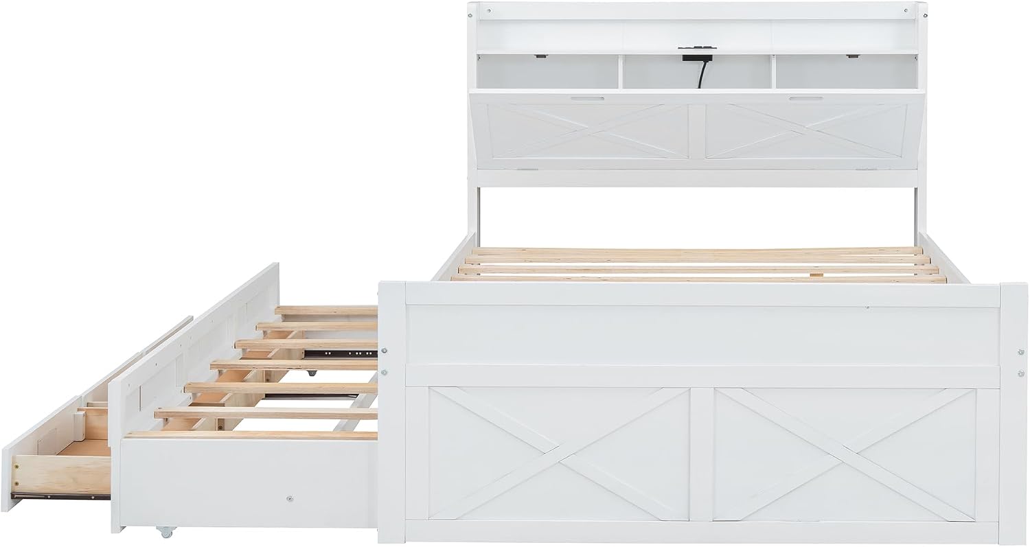 Full Size Captain Wooden Bed Frame with Storage Headboard & Outlets | Extendable Platform Bed with Twin Trundle & 3 Storage Drawers | Modern Farmhouse Bedroom Furniture Set (White, Full)