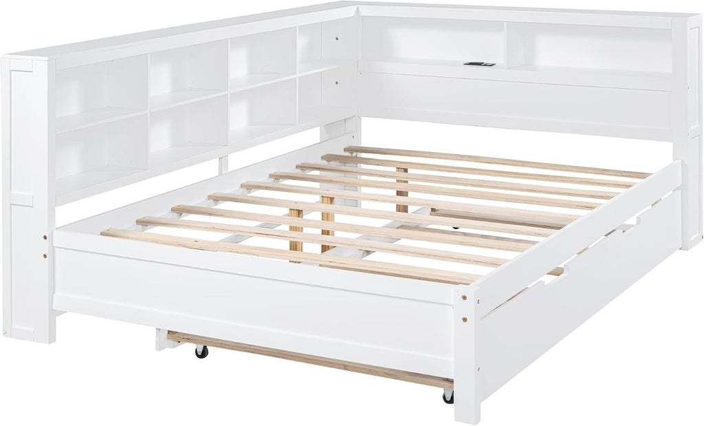 Modern Full Size Daybed with Trundle, Solid Wood Captain Platform Bed with Storage Cabinets and USB Ports, Low Floor Bed for Kids Teens Adult Bedroom, Easy Assembly (White-FF025)