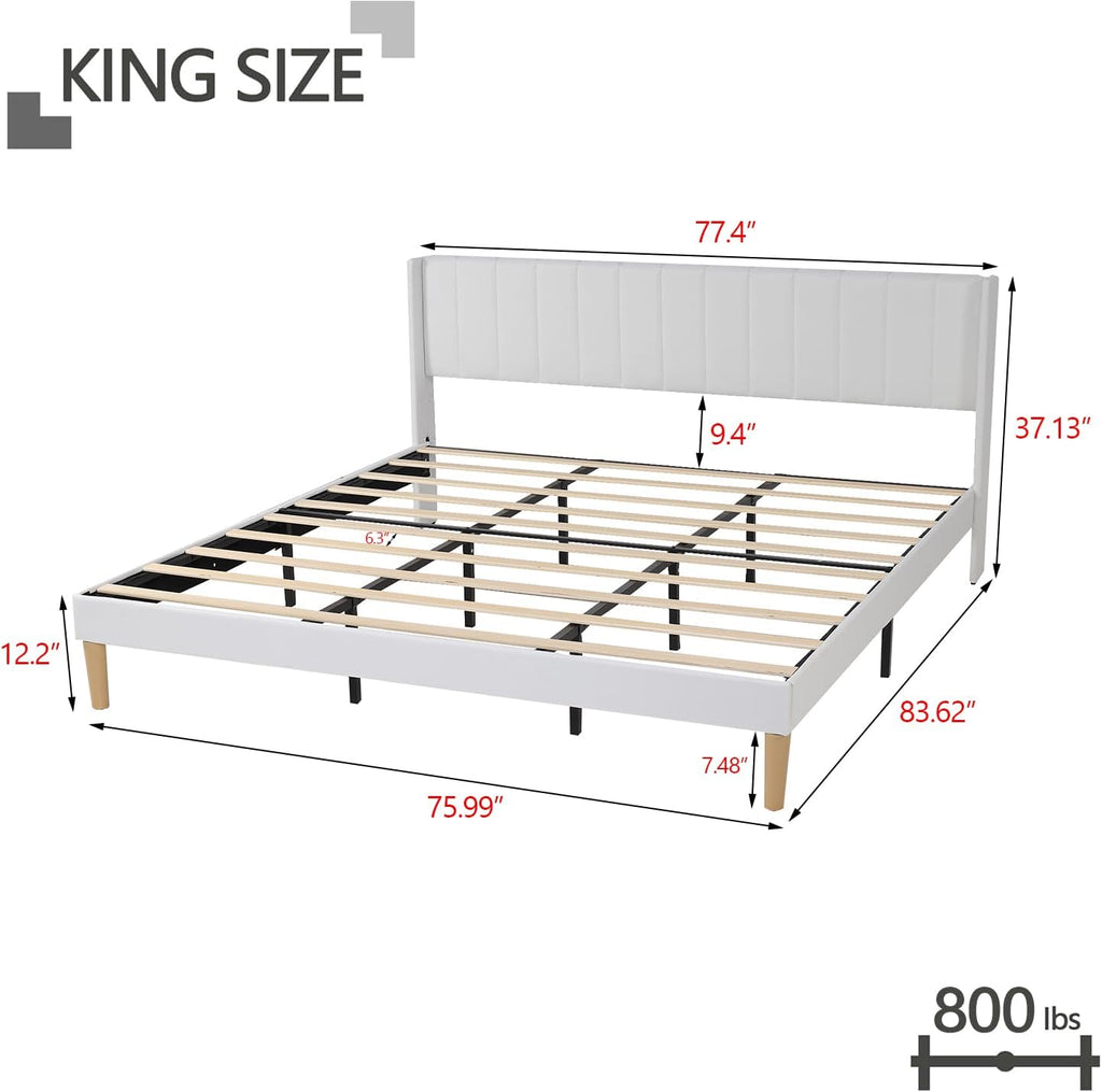 King Size Bed Frame with Headboard, Modern Upholstered Linen Platform Bed, Heavy Duty Wooden Slats Support, No Box Spring Needed, Noise-Free & Easy Assembly, White