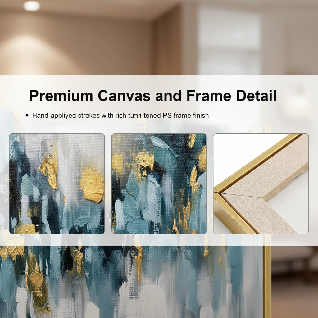 Large Blue and Gold Abstract Wall Art for Office. Hand-Painted Abstract Oil Painting for Living Room. Framed Blue Wall Painting Contemporary for Bedroom Home Decoration Ready to Hand 40x40inches
