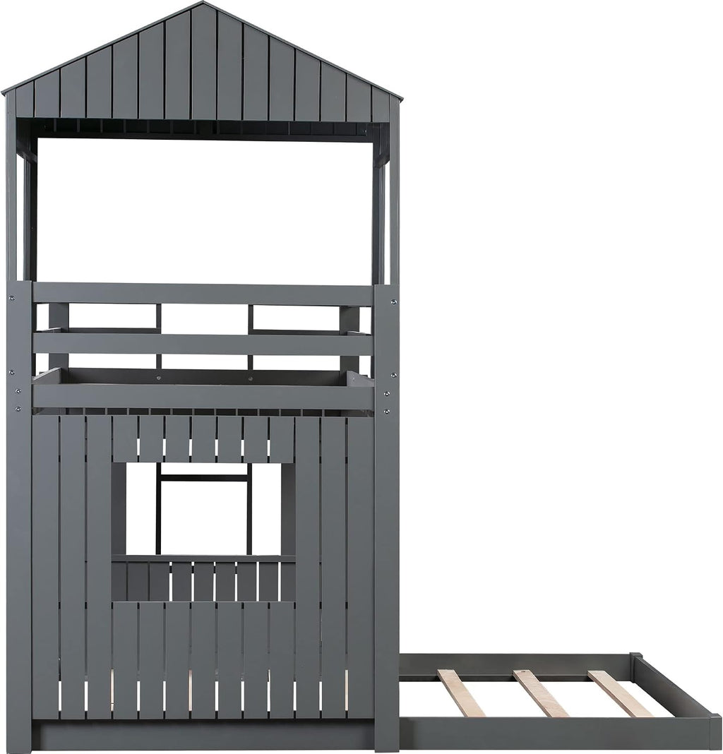 KLMM Twin Over Full Bunk Beds for Kids Toddlers, Wooden Play Farm House Bunk Bed with Roof Window Guardrail Ladder, for Girls Boys, No Spring Box Required (Gray-BUNK Bed-Twin-Full-4)