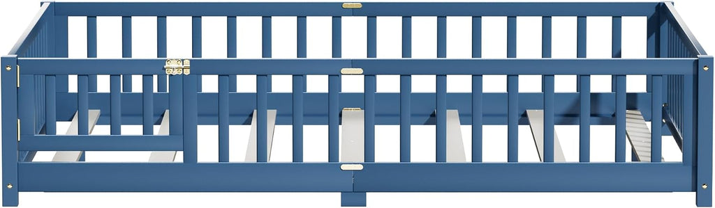 i-POOK Queen Floor Bed Frame with Wood Slats, High Fence & Small Door, Pinewood Montessori Floor Bed for Girls and Boys, Mist Blue