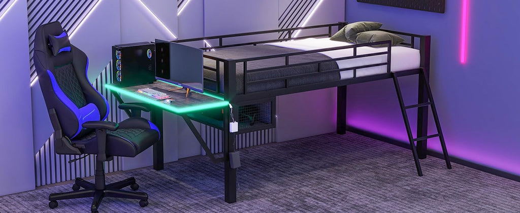 GOWE Gaming mid loft Bed with Desk, LED, Twin, Black