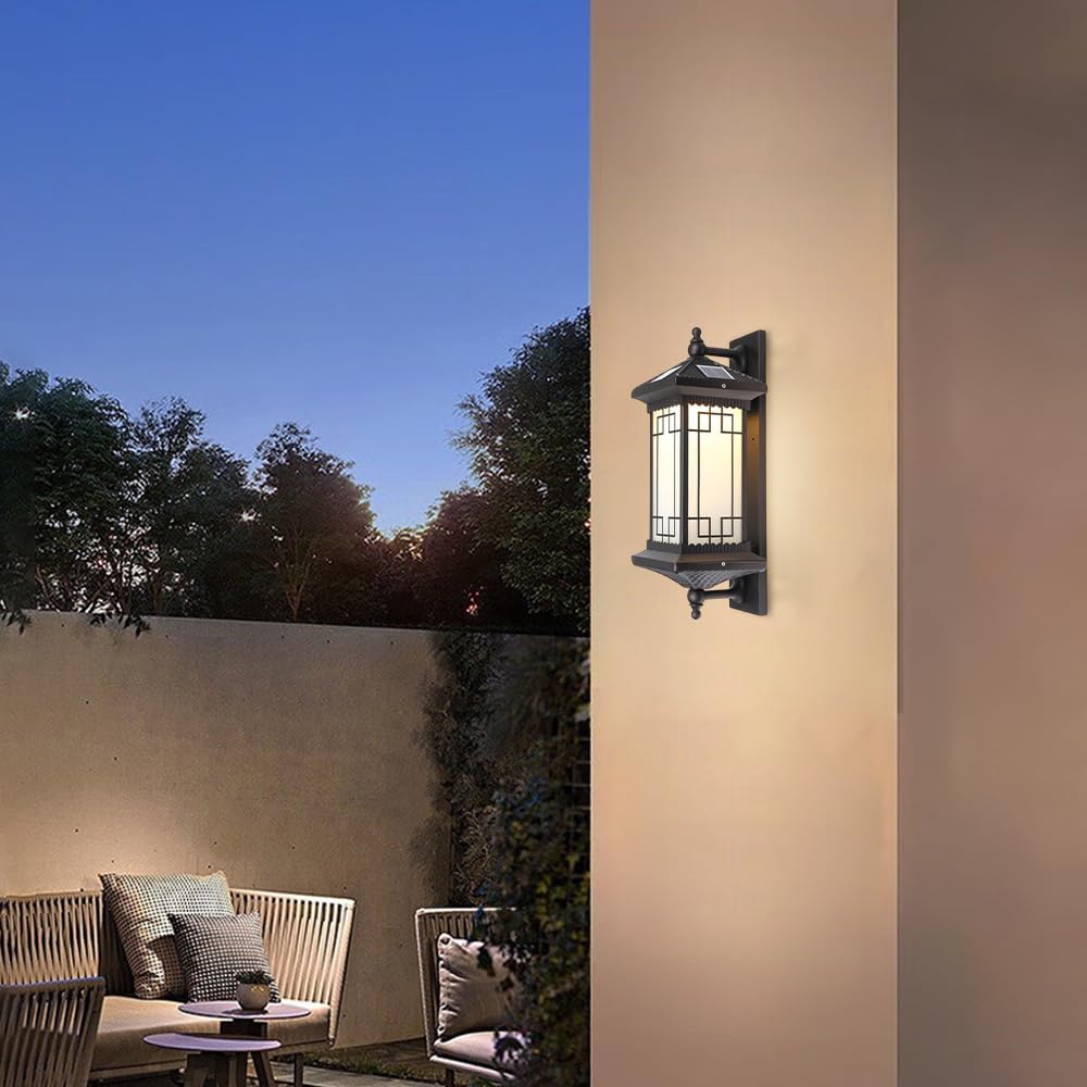 Outdoor Solar Wall Light Vintage Lantern Wall Sconce Cordless Solar Powered Wall Mounted Lamp Exterior Porch Lights Patio Fence Outside Sconces Wall Lighting Fixture