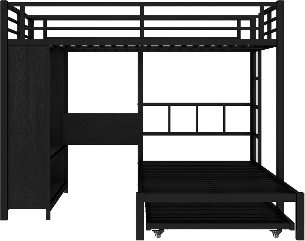 JIVOIT Metal Bunk Bed with Trundle, Full Over Twin Bunk Bed with Foldable Desk, Built-in Wardrobe, Ladders and Safety Guard, Noise-Reduced Design, Space-Saving, No Box Spring Needed