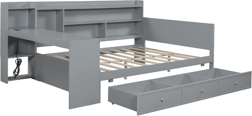 Full Size Daybed with Storage Shelves and Study Desk, Wooden Daybed Sofa Bed Frame with 3 Drawers and USB Ports for Office Living Room Bedroom, Maximize Space (Gray-22U)