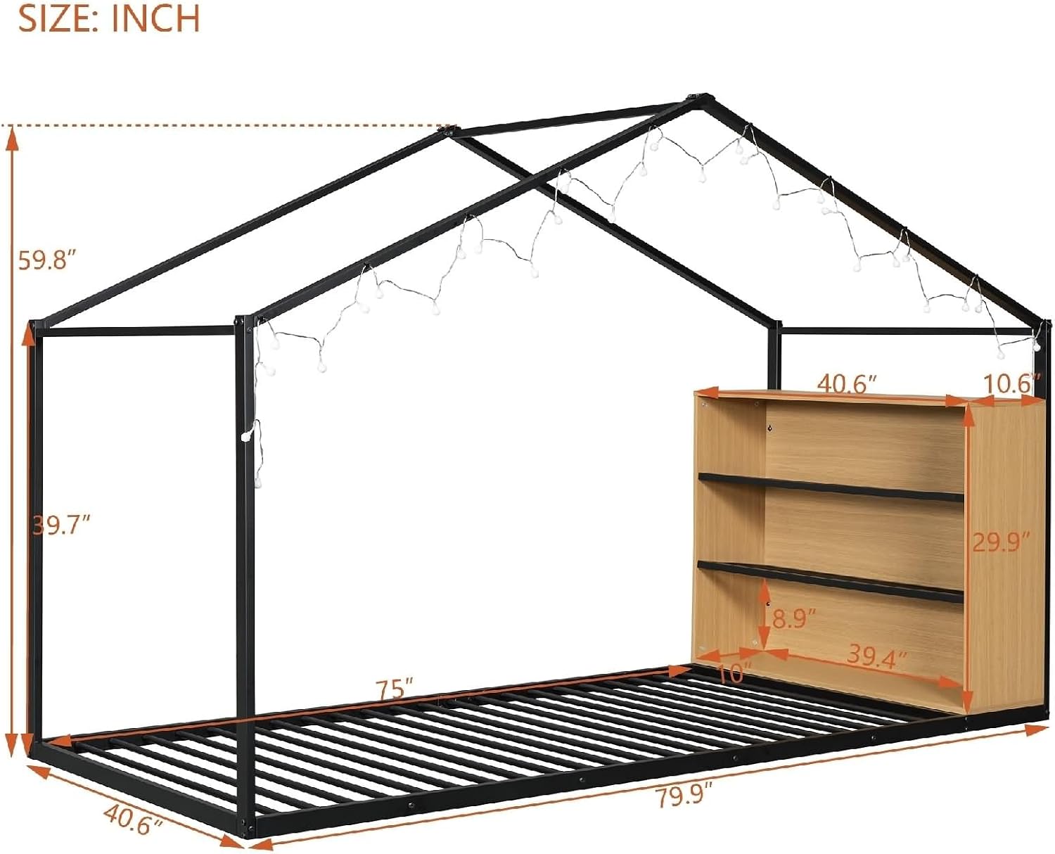 Bed Twin Size Set, Black Bed Frames with Shelves and Lights Metal & Wood 79.9' L x 40.6' W x 59.8' H