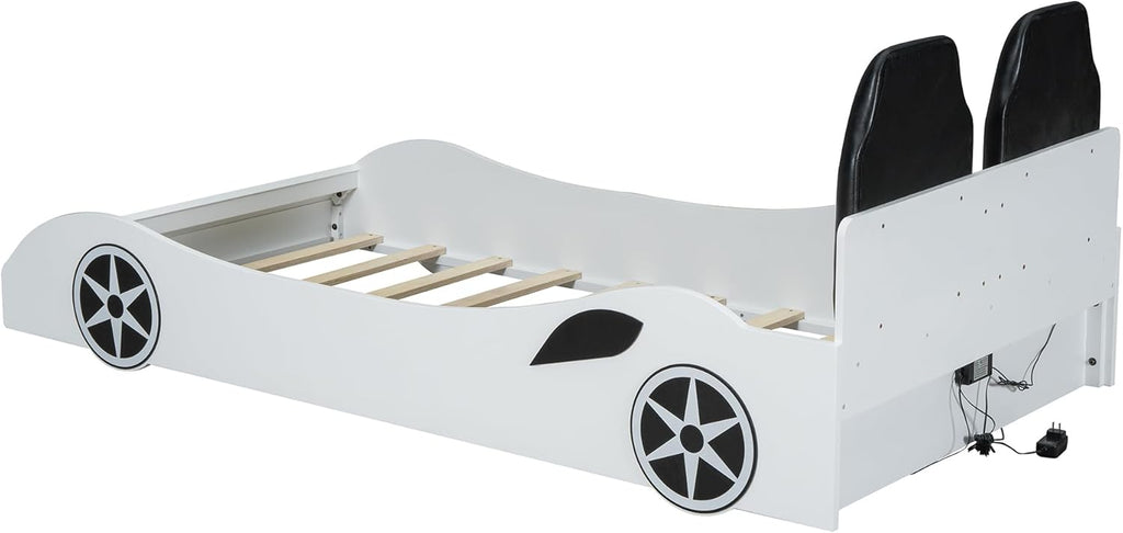 Race Car-Shaped Platform Bed with LED and Upholstered Backrest,Wood Bed Frame with Slat for Bedroom,No Box Spring Needed (White, Twin)
