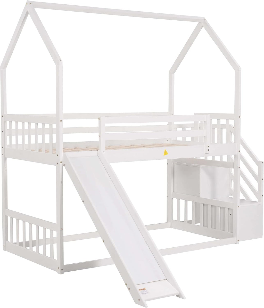 Wood House Bunk Bed for Kids Toddlers, Twin Over Twin Bunk Bed with Convertible Slide, Storage Staircase Can be Placed Left or Right, No Spring Box Required (White+House03)