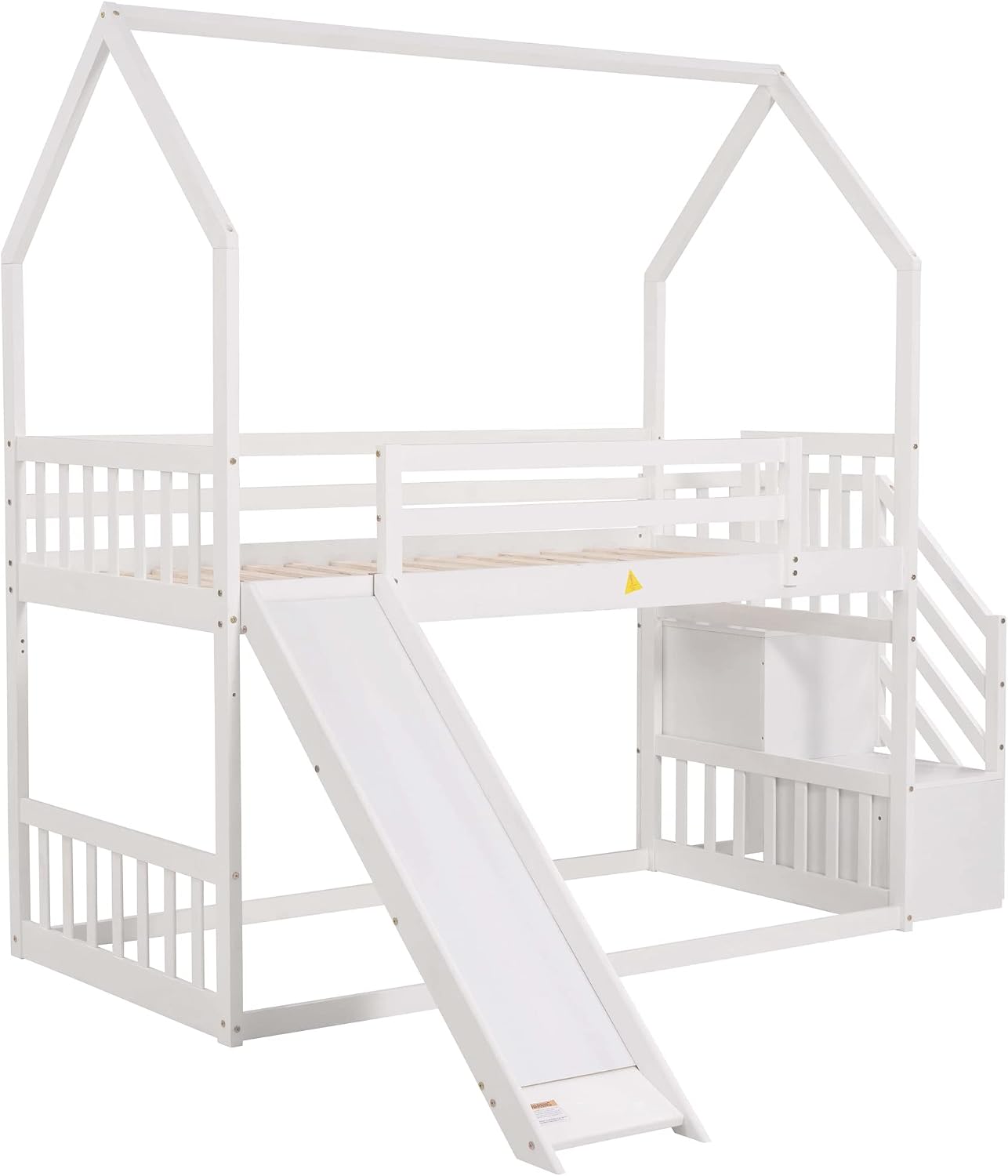 Wood House Bunk Bed for Kids Toddlers, Twin Over Twin Bunk Bed with Convertible Slide, Storage Staircase Can be Placed Left or Right, No Spring Box Required (White+House03)