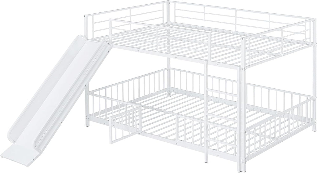JIVOIT Metal Bunk Bed Frame with Slide and Ladder, Full Over Full Bunk Bed Size with Metal Slats Support, Full-Length Guardrail, Heavy Duty Metal Low Bunk Bed, No Box Spring Needed (White,Full,09)