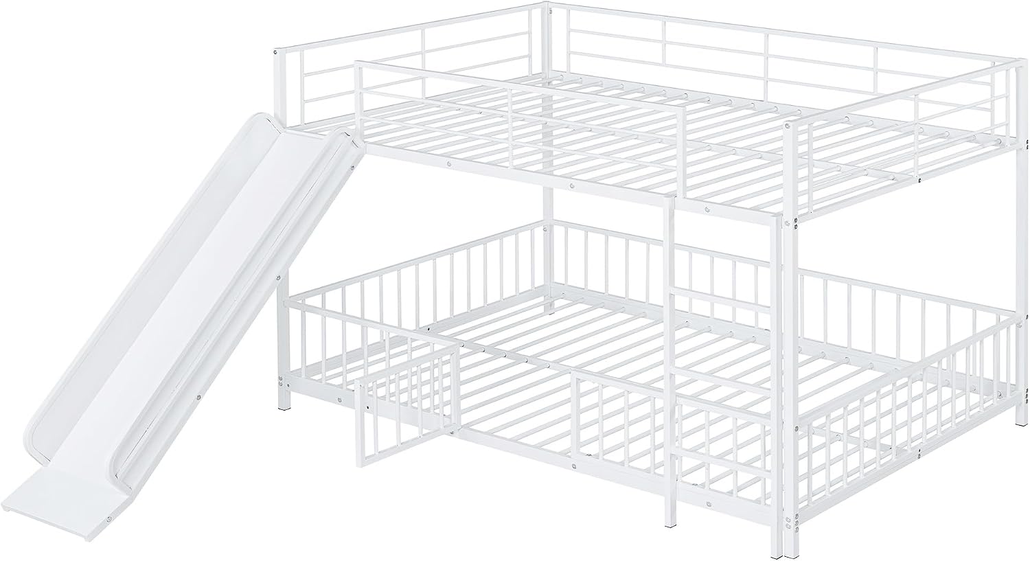 JIVOIT Metal Bunk Bed Frame with Slide and Ladder, Full Over Full Bunk Bed Size with Metal Slats Support, Full-Length Guardrail, Heavy Duty Metal Low Bunk Bed, No Box Spring Needed (White,Full,09)