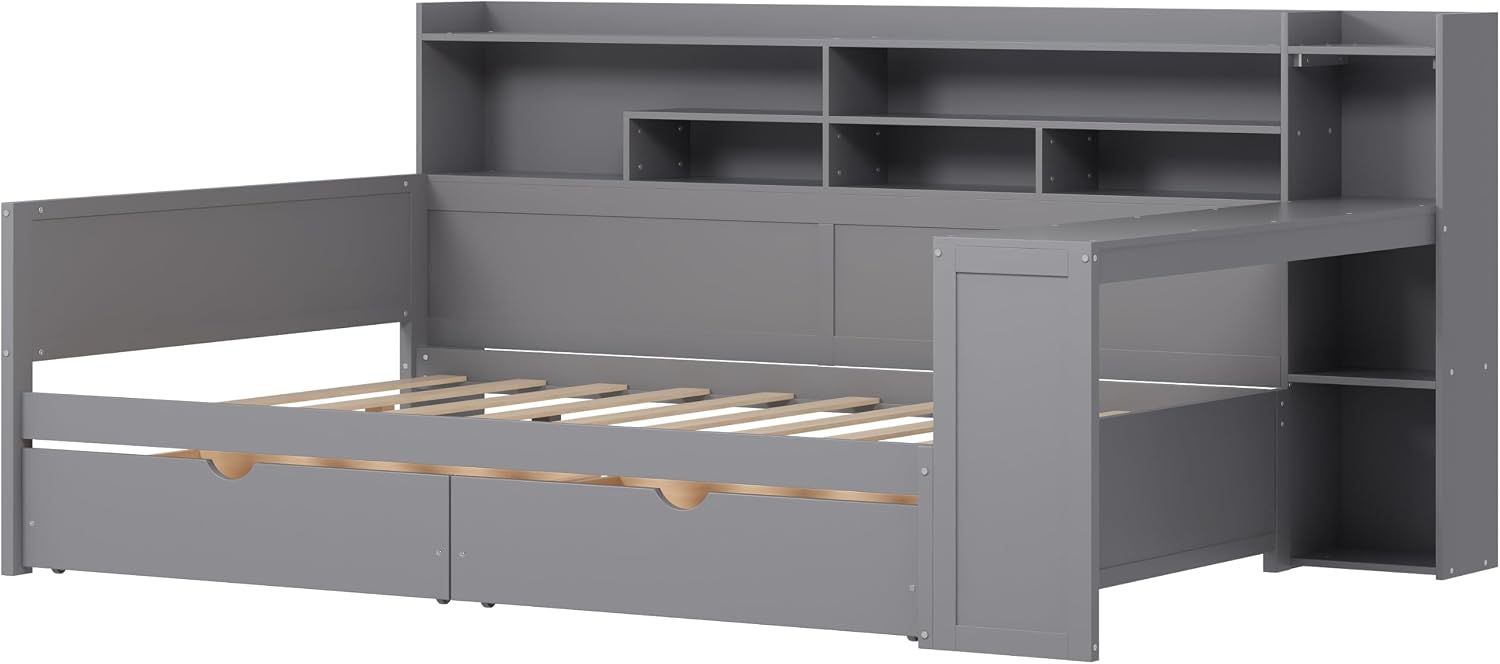 Mirightone Corner Full Bed Frame with Bookcase Storage and Desk, Wood Day Beds with 2 Drawers, Full Size Daybed with Storage for Living Room,Bedroom & Guest Room, Gray