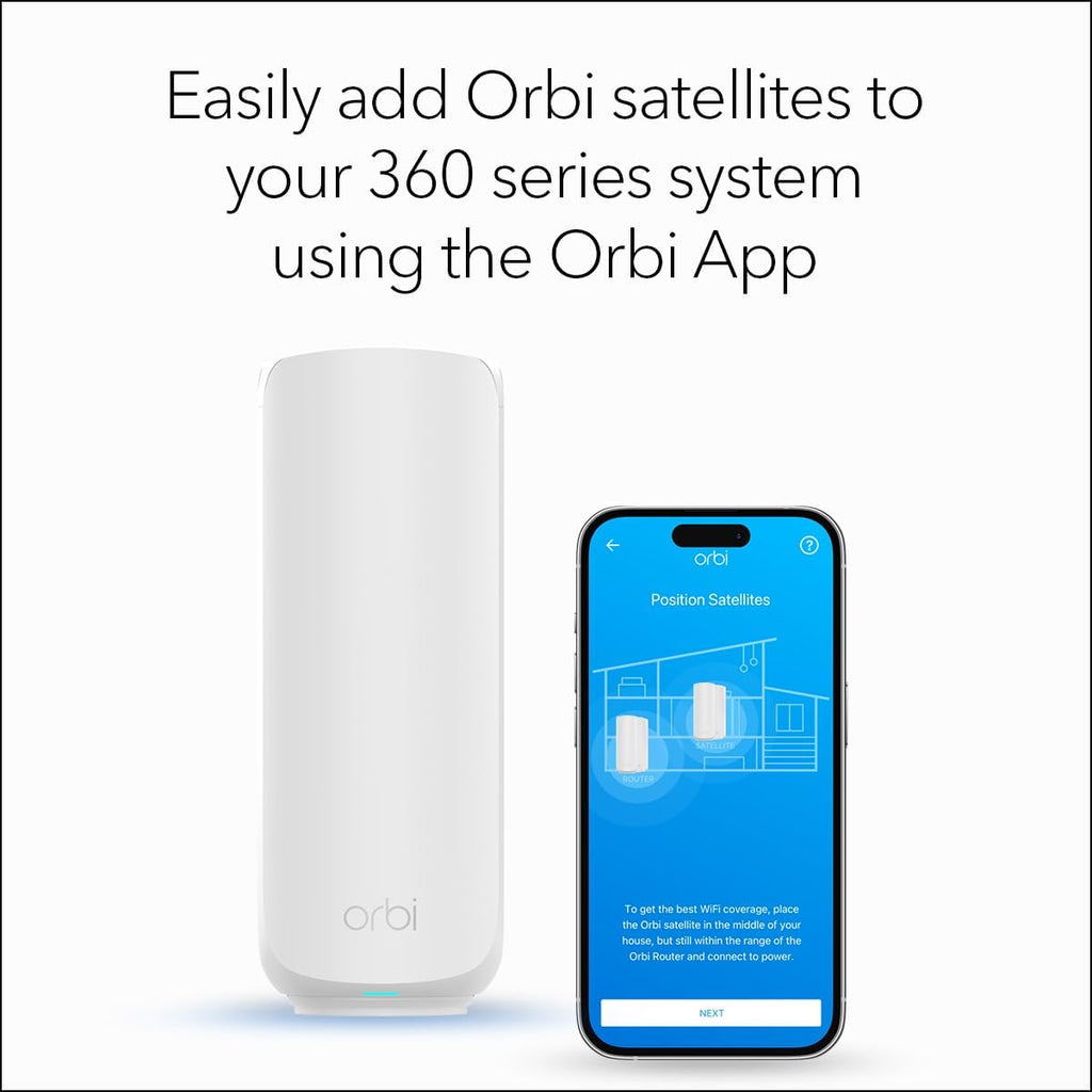 NETGEAR Orbi 360 Series (RBE360) Dual-Band WiFi 7 Mesh Network Add-on Satellite – Works with Orbi RBE362, RBE363 Security Features, 5 Gbps, Adds Coverage up to 2,000 sq. ft., BE5000