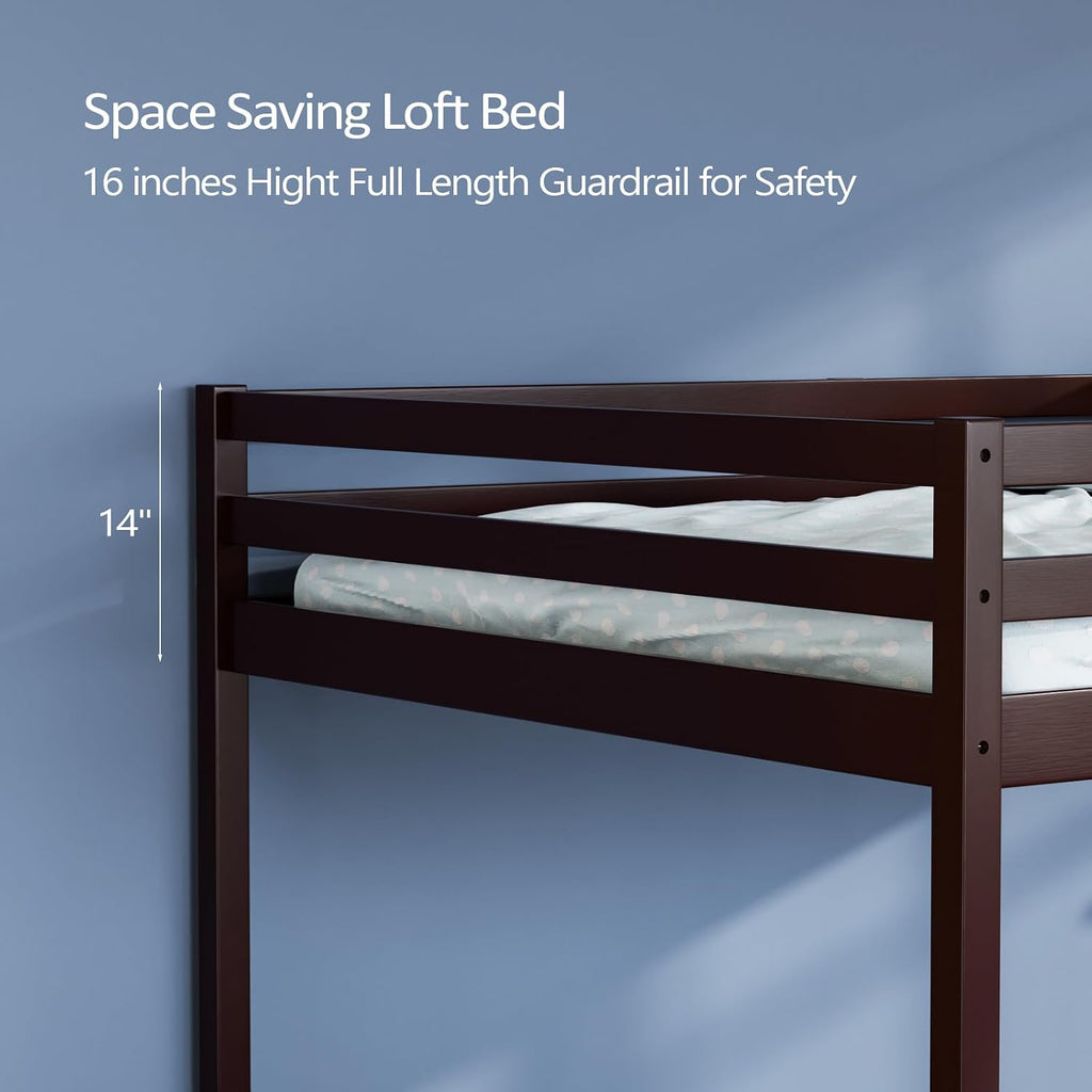 VINGLI Junior Low Loft Bed with Inclined Stairs, Wood Loft Bed Full Size for Adults, Kids and Young Teens, No Box Spring Required,Wood Slat Support, Espresso