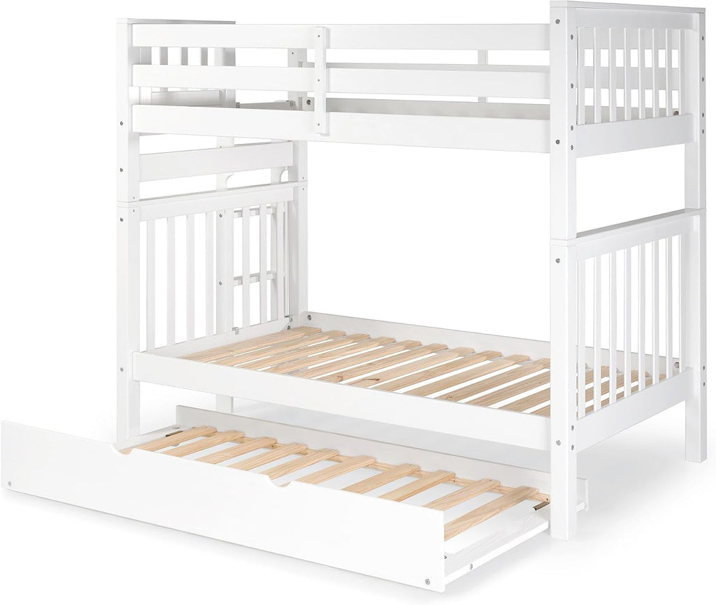 Bedz King Tall Bunk Beds Twin Over Twin Mission Style, End Ladder, Twin Trundle, White