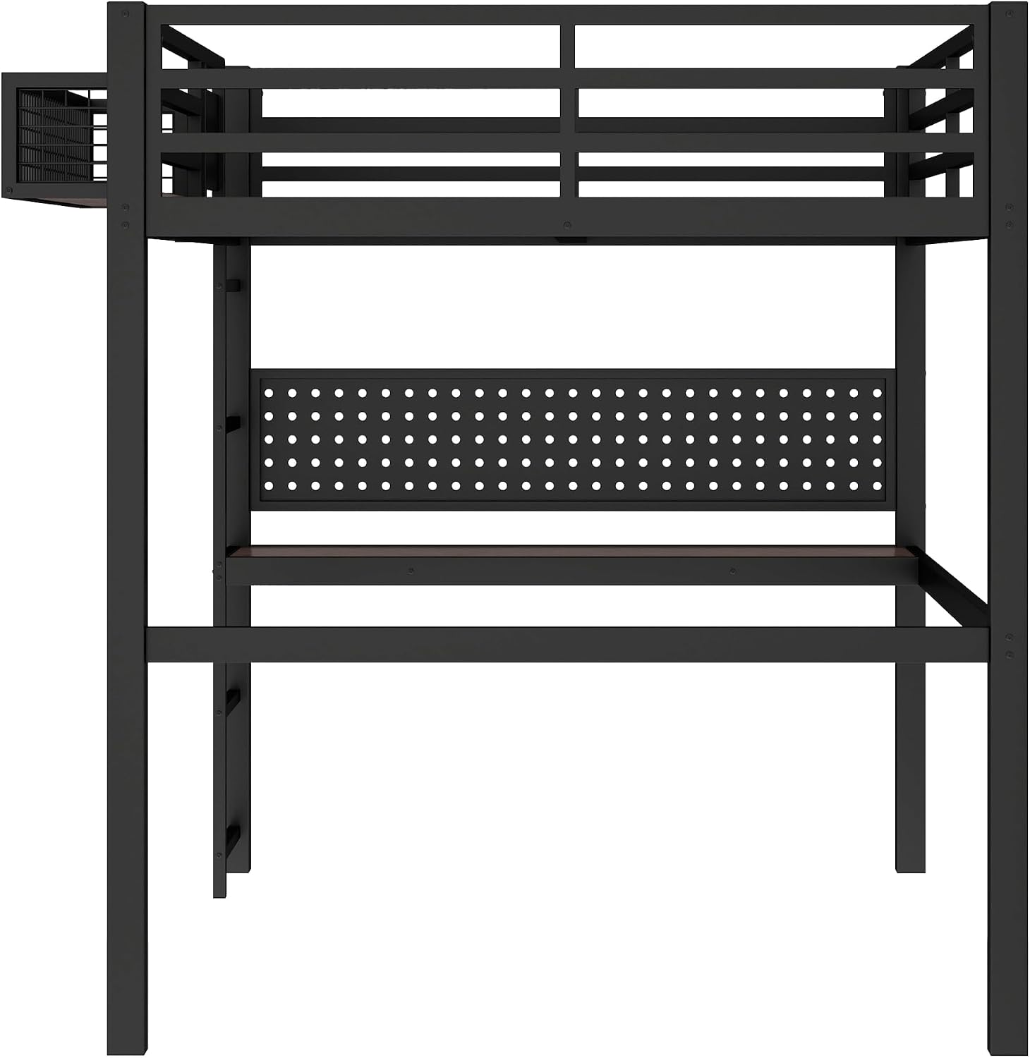 JIVOIT Full Size Metal Loft Bed Frame with Desk, Bedside Storage Basket, Side Clock Design, Pegboard, 68' H Metal Loft Bed with Slats Support, No Spring Box Needed
