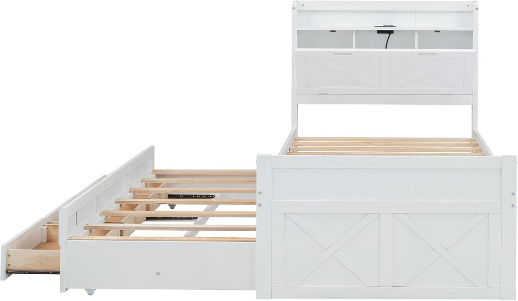 Twin Size Captain Wooden Bed Frame with Storage Headboard & Outlets | Extendable Platform Bed with Twin Trundle & 3 Storage Drawers | Modern Farmhouse Bedroom Furniture Set (White, Twin)
