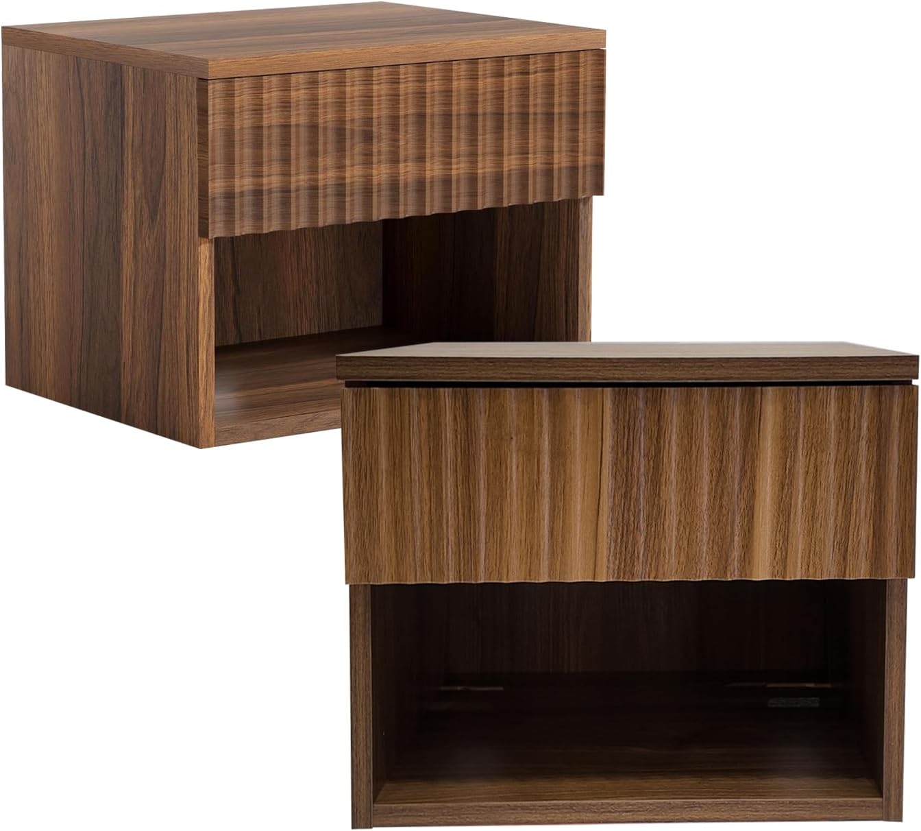 Floating Nightstand Set of 2, Wall Mounted Cabinet with Storage Drawer, Bedroom Bedside Table with LED Light, Modern Night Stand for Dorm Hallway Entryway, Walnut