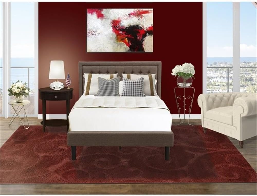 East West Furniture KD18F-1HI0M 2 Piece Wooden Bedroom Set - 1 Modern Bed Frame Brown Linen Fabric Padded and Button Tufted Headboard with 1 Nightstand Bedroom - Antique Mahogany Finish Nightstand