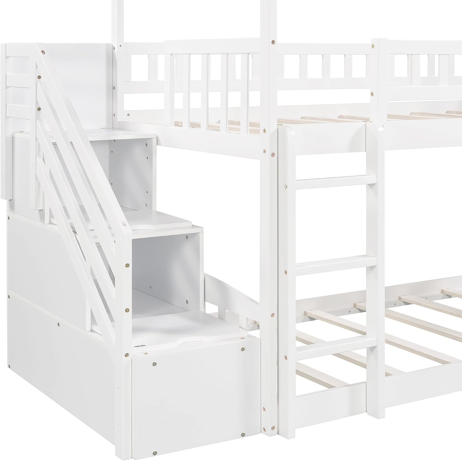 KLMM Twin Over Twin Bunk Bed for Kids Toddlers, House Bunk Bed Farm with Storage Steps and Slide Ladder Roof Guardrail for Girls/Boys, No Spring Box Required (White-Wood)