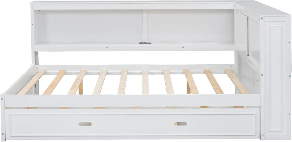 Modern Full Size Daybed with Storage Shelves and Bookcase, L Shape Corner Bed with LED Lights & USB Ports, Full Wood Daybed with Trundle for Kids Teens Adults (White-Q28)