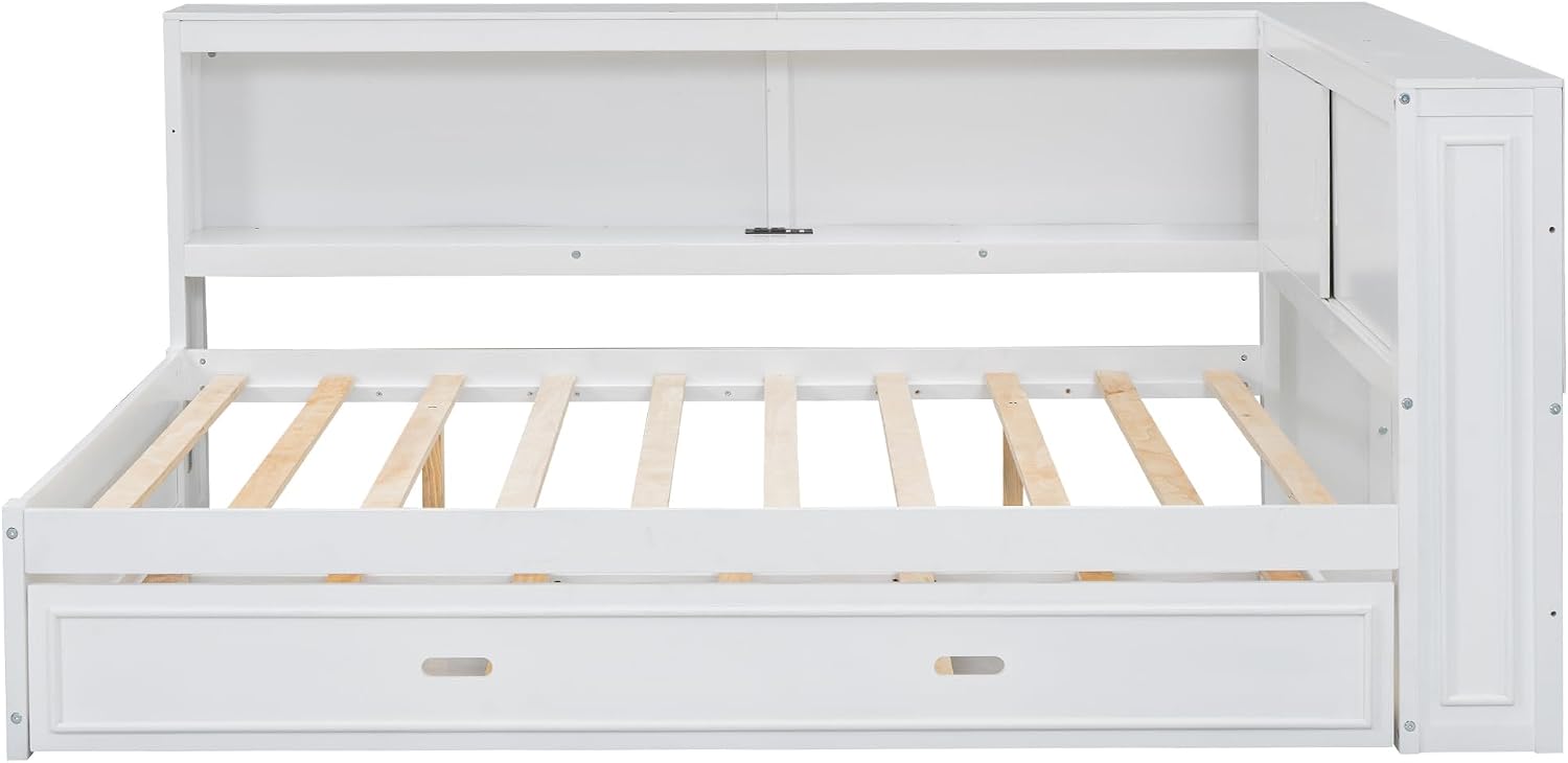Modern Full Size Daybed with Storage Shelves and Bookcase, L Shape Corner Bed with LED Lights & USB Ports, Full Wood Daybed with Trundle for Kids Teens Adults (White-Q28)