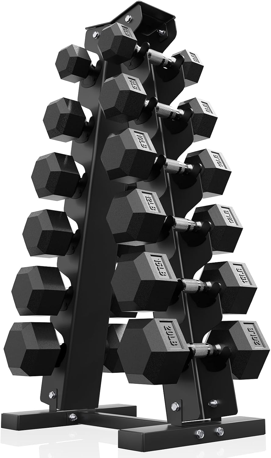 PAPABABE Dumbbell Set Rubber Encased Hex Dumbbell Free Weights Dumbbells Set Home Weight Set- 140 lb Set (Pair of 5, 8, 10, 12, 15, 20 lb with Rack)