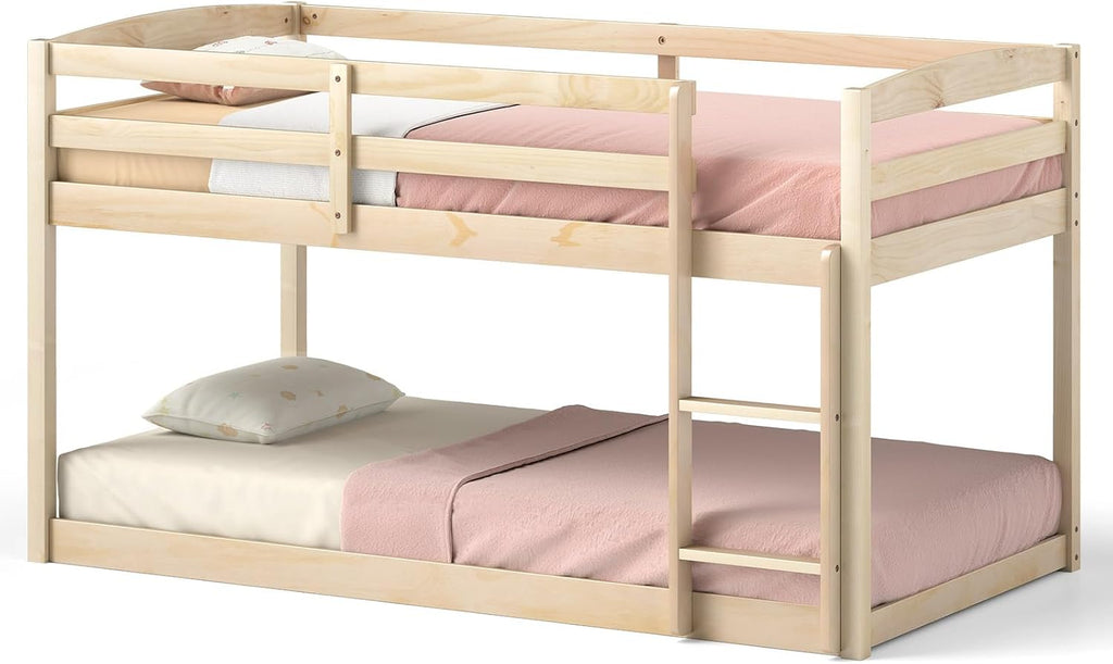 KOMFOTT Low Bunk Bed Twin Over Twin, Solid Wood Twin Bed Frame with Built-in Ladder & Safety Guardrails, Space-Saving Low Bunk Bed for Kids, Teens, No Box Spring Needed