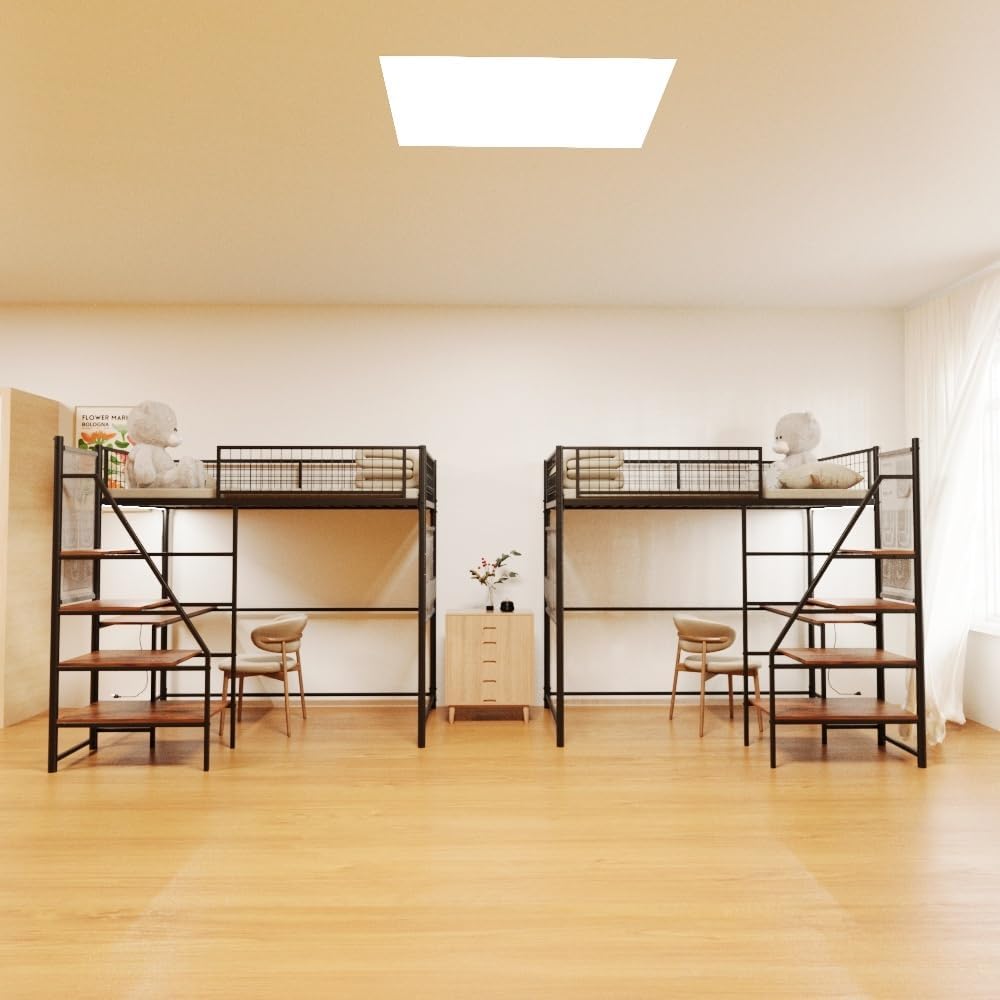 Twin Sized loft Metal Bed with Black for Bedroom and Dormitory, with Built-in Charging Station and LED Lighting (Black + Metal & Wood + Bedroom)