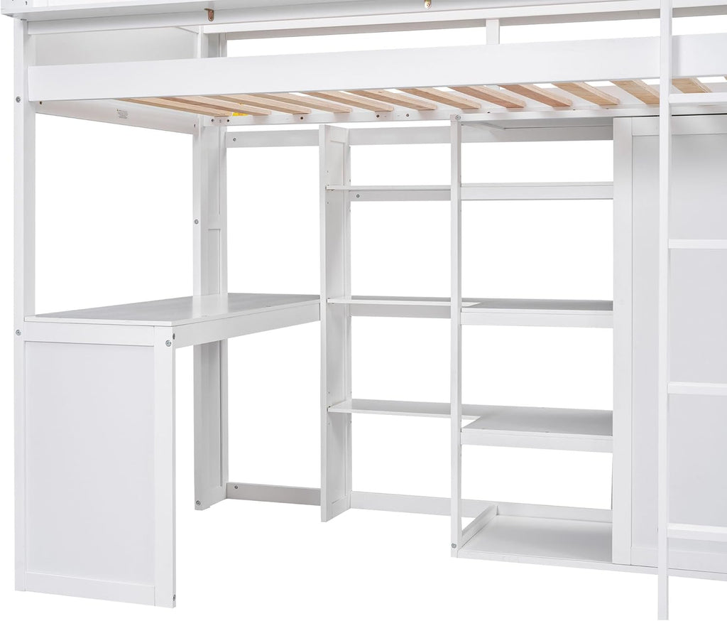 Wood Twin Size Loft Bed with Multiple Built-in Desk,Storage Shelves and Wardrobe,for Kids Boys Girls Teens Adults Bedroom (White@Cabinet, Twin)