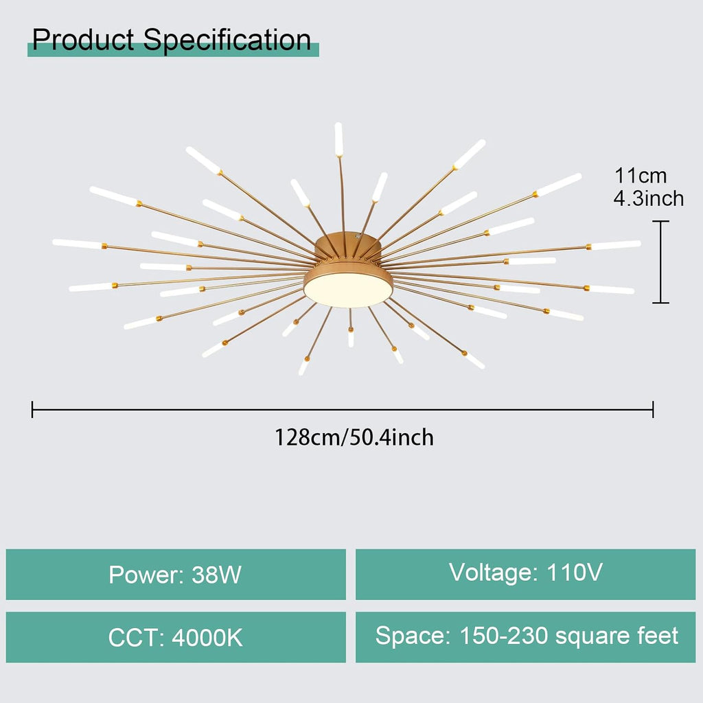 ziidoo Modern Ceiling Light,30+1 Lights Metal Firework Designed Chic Led Lighting Fixture for Farmhouse Kitchen Dining Room Bedroom Hallway Living Room (Gold and Dark Gold)