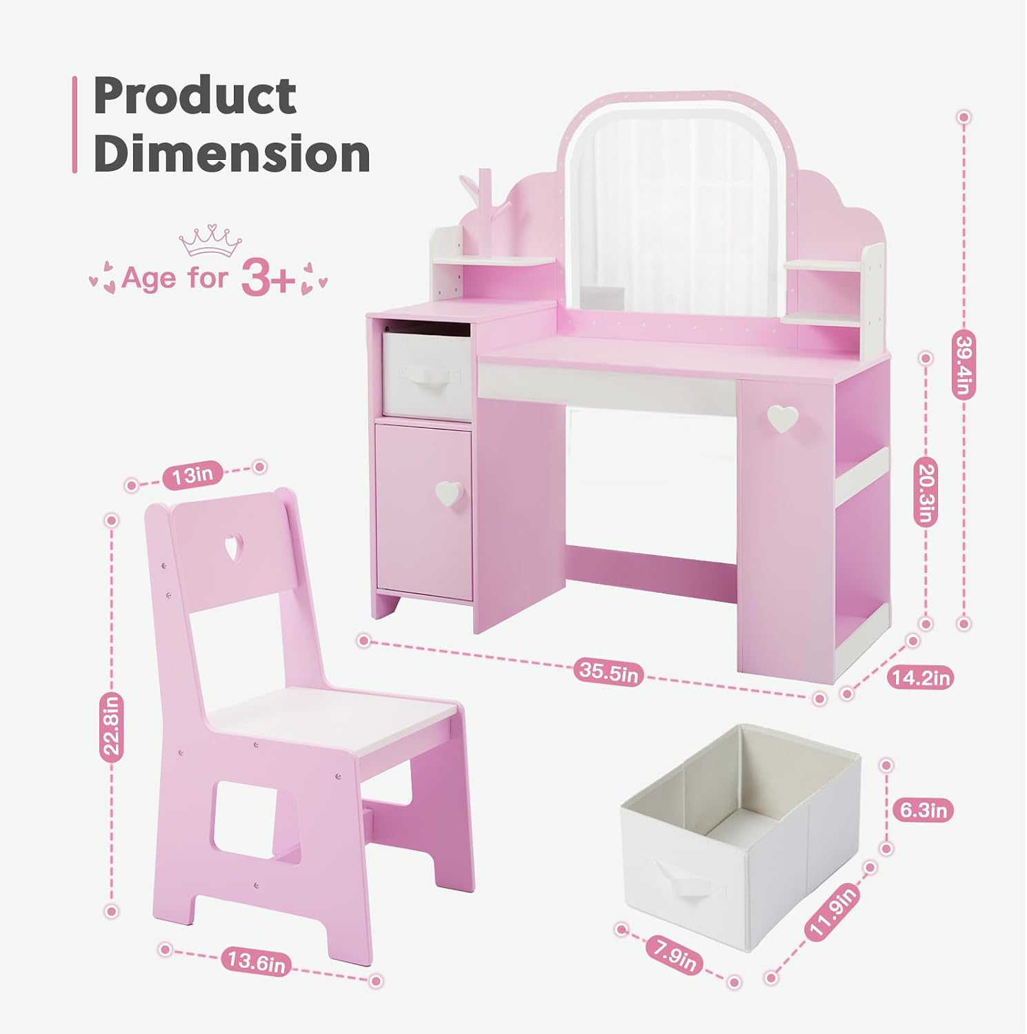 Frogprin Kids Vanity with Lights and Chair, Princess Makeup Vanity Desk with Mirror Bookshelf Storage Cabinet,3 in 1 Toddler Vanity Table,Makeup Dressing Table,Pretend Play Vanity for Little Girl-Pink